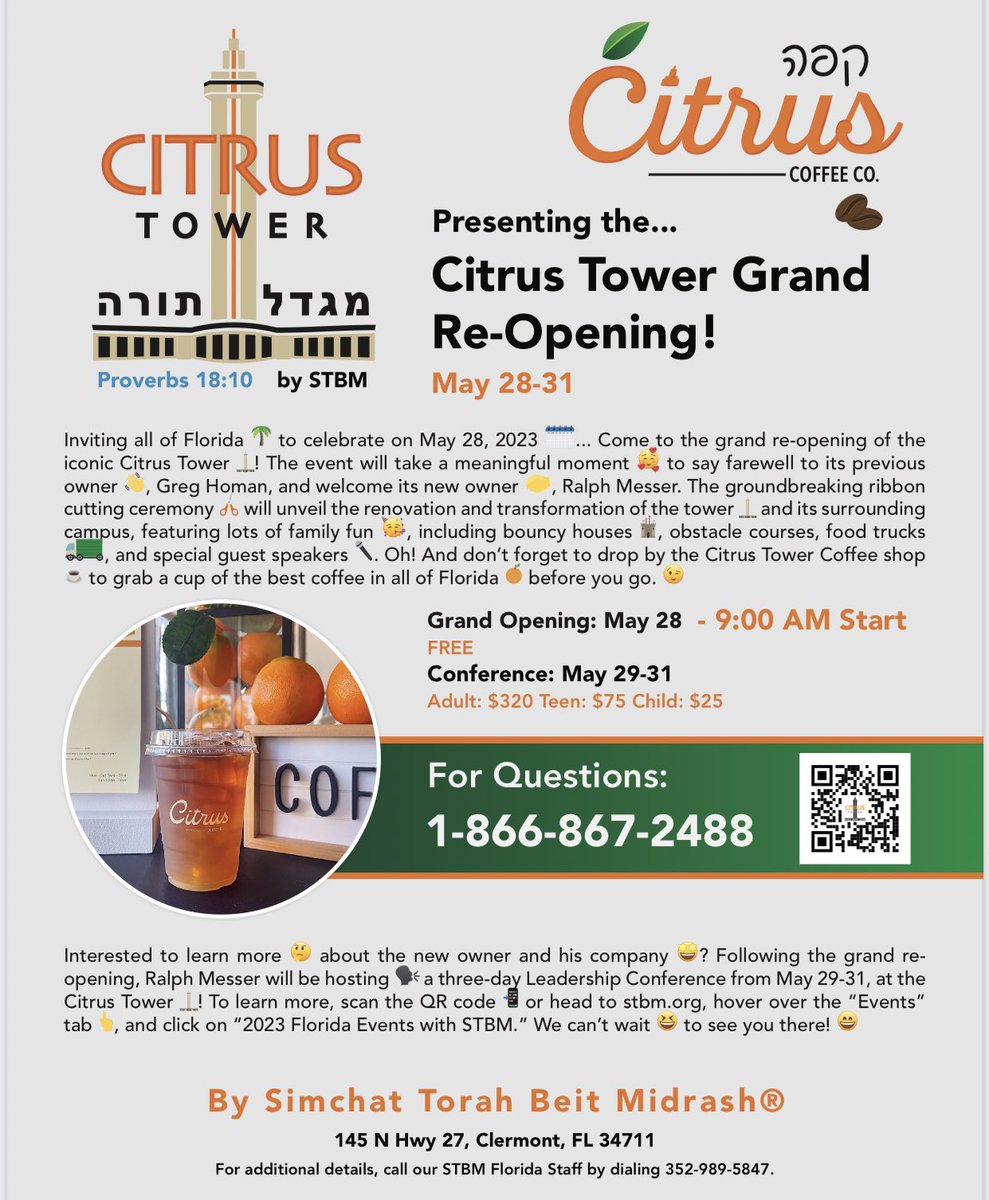 TheCitrusTower's tweet photo. Our Grand Opening is almost here!! May 28th 🧡🍊☕️🧋🍪🤩🎼 Live music, food trucks,  bouncy houses, Obstacle courses, lots of family fun and don’t forget about the citrus coffee ☕️! 😎🥳 https://t.co/pDNWE6nsUF
