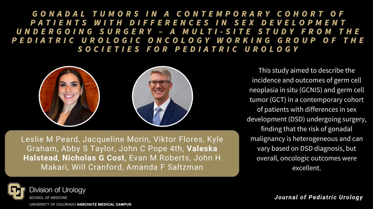 CU Urology (@cu_urology) on Twitter photo Congrats to <a href="/V_for_Valeska/">Valeska Halstead, MD, MPH</a> & <a href="/cost_nicholas/">Nicholas Cost</a> on their contribution to this recent study in <a href="/jpurology/">Journal of Pediatric Urology</a> on germ cell neoplasia & tumor outcomes in DSD patients undergoing surgery!
šdoi.org/10.1016/j.jpur⦠Congrats to <a href="/V_for_Valeska/">Valeska Halstead, MD, MPH</a> & <a href="/cost_nicholas/">Nicholas Cost</a> on their contribution to this recent study in <a href="/jpurology/">Journal of Pediatric Urology</a> on germ cell neoplasia & tumor outcomes in DSD patients undergoing surgery!
šdoi.org/10.1016/j.jpurā¦