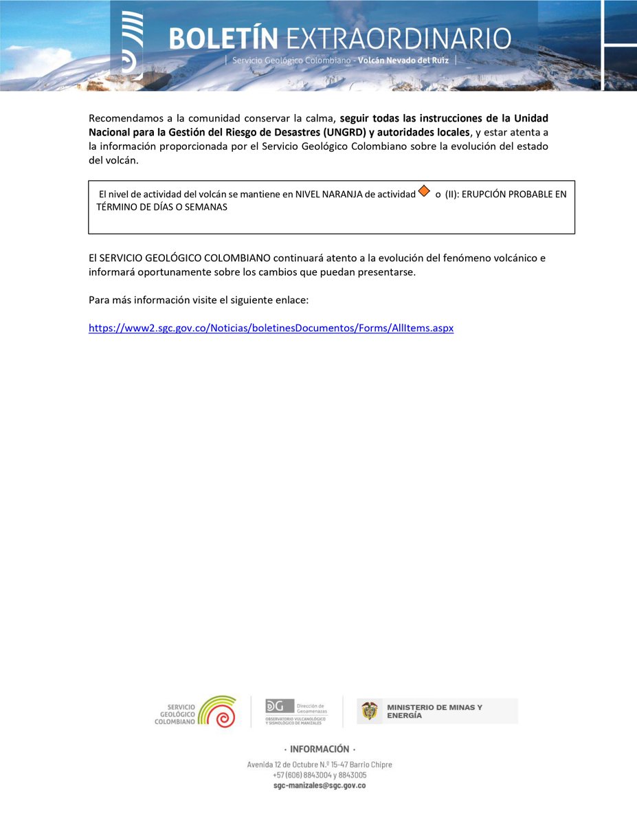 Boletín extraordinario del volcán Nevado del Ruiz - 11 de mayo 10:00 a.m. El nivel de actividad continúa en NARANJA 🔸
bit.ly/3Mg4OQe
#SGCVolcanes