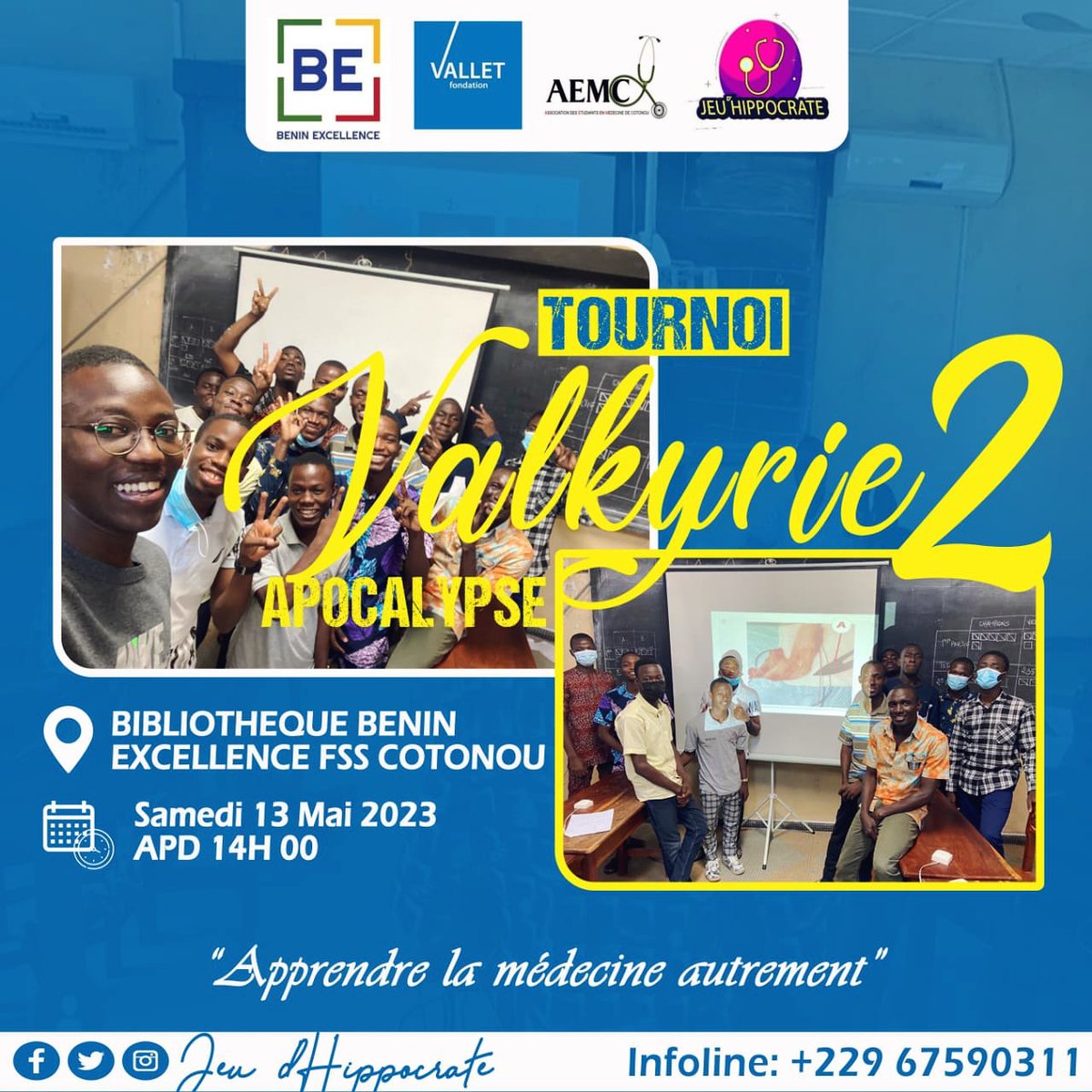 "APPRENDRE LA MÉDECINE AUTREMENT"🥵🔥🤌🏿 
C'est possible grâce au Jeu d'Hippocrate🎖️ organisé par les étudiants de la FSS.

Top chrono ! C'est le Samedi 13 mai 2023 à partir de 14h à la Nouvelle Bibliothèque Bénin Excellence - Fondation Vallet, site de la FSS Cotonou !