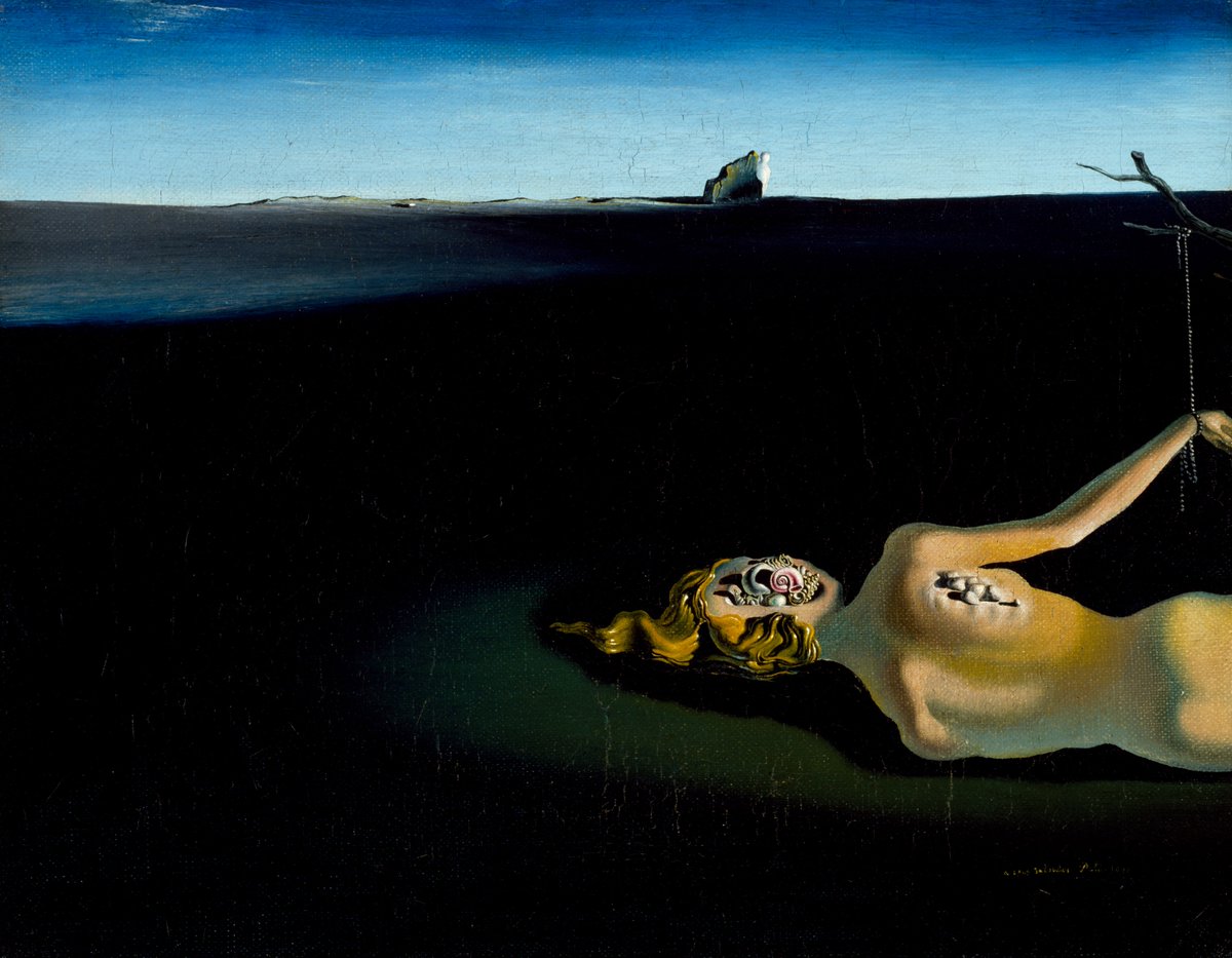 Guggenheim's tweet photo. Happy birthday to Salvador Dalí, a prominent Spanish surrealist artist known for his eccentric style, flamboyant personality, and imaginative works!

His paintings often featured dreamlike landscapes, bizarre and distorted figures, and intricate symbolism. His artistic vision explored the depths of the subconscious, drawing inspiration from Freudian theories and his dreams.

This work is in @GuggenheimPGC. Learn more about the artist: https://t.co/vbbrGwNdQJ

🎨: Salvador Dalí, "Untitled," 1931