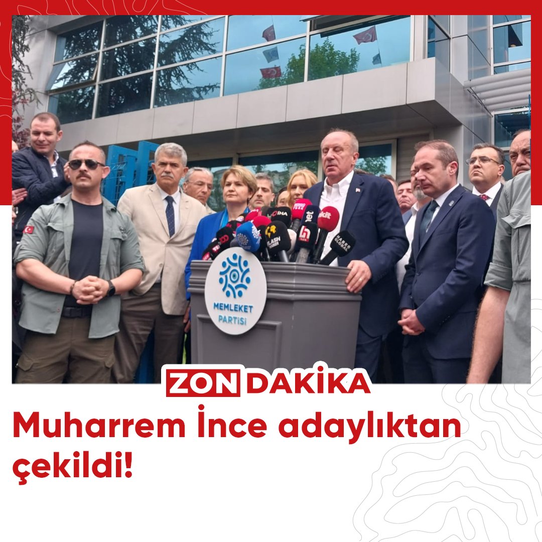 Memleket Partisi Genel Başkanı Muharrem İnce adaylıktan çekildi. Detaylı bilgi için bağlantıyı ziyaret ediniz:zondakika.com/genel/memleket…