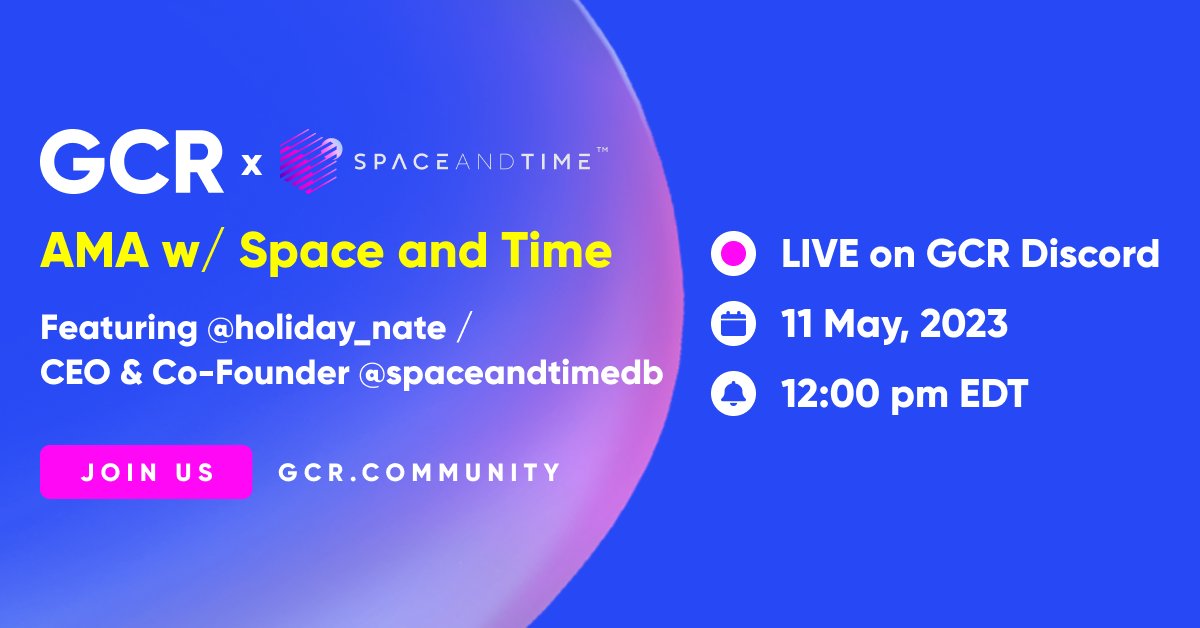Globalcoinrsrch's tweet photo. GCR is proud to host an AMA Call with  @spaceandtime a decentralized data warehouse built for smart contracts

🔵 Host: @Globalcoinrsrch
🟢 Date: 11 May @ 12:00 PM EDT
🟡 Link: https://t.co/1OtcYnCbjR

👋 Join us and win $GCR tokens, free memberships and SxT NFTs! https://t.co/kNjg389ust