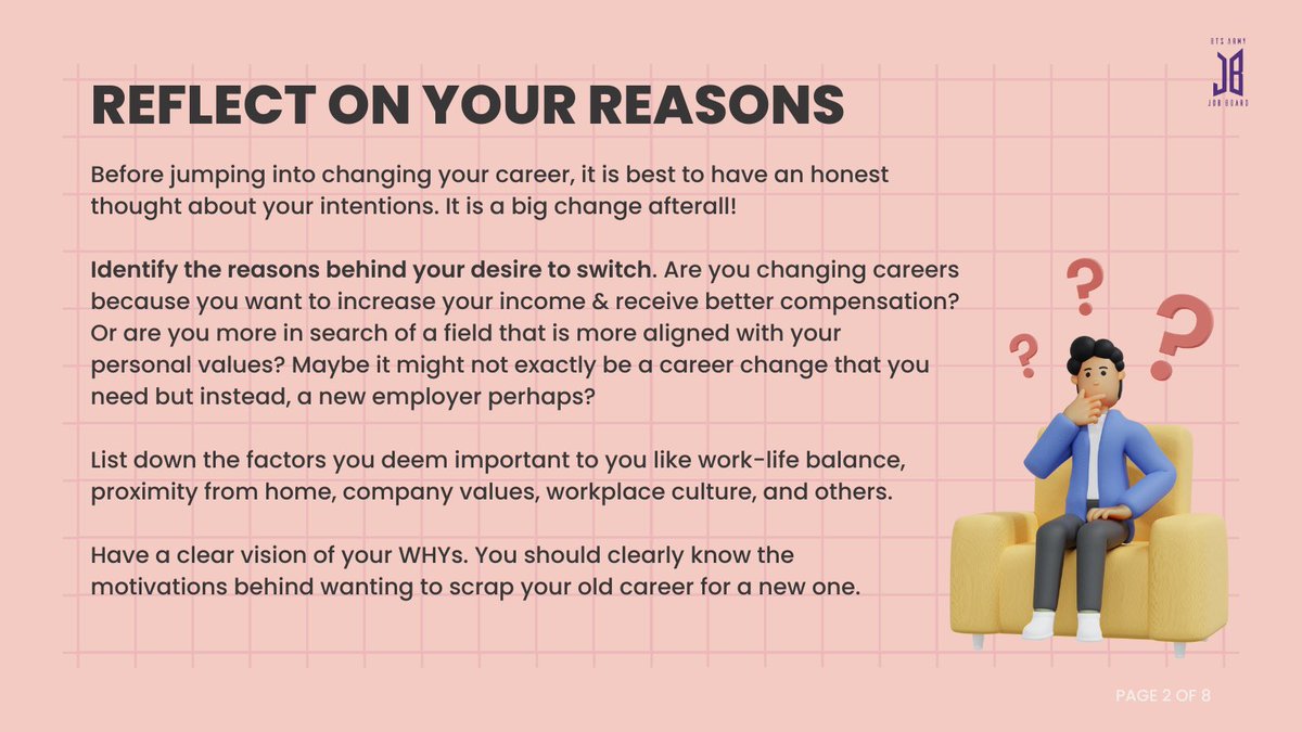 BTSARMYJobBoard's tweet photo. Before you make the big change, best to ask yourself whatβs important for you, ARMY! π₯°
Identify your WHYs because those are the ones that will get you through the possible challenges youβll face when you transition jobs. π
#BAJBCareerTips https://t.co/6BedMnYWze