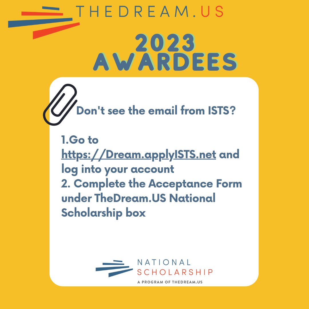 thedream_us's tweet photo. To our 2023 new awardees - today, May 11th, is the last day to accept or decline https://t.co/5bIveMgxib National Scholarship! There will be no extension on this deadline. Don't miss out on a $39,000 Scholarship! Check your email or log in here: https://t.co/RFbLoBFEqn https://t.co/oaODkEgIUa