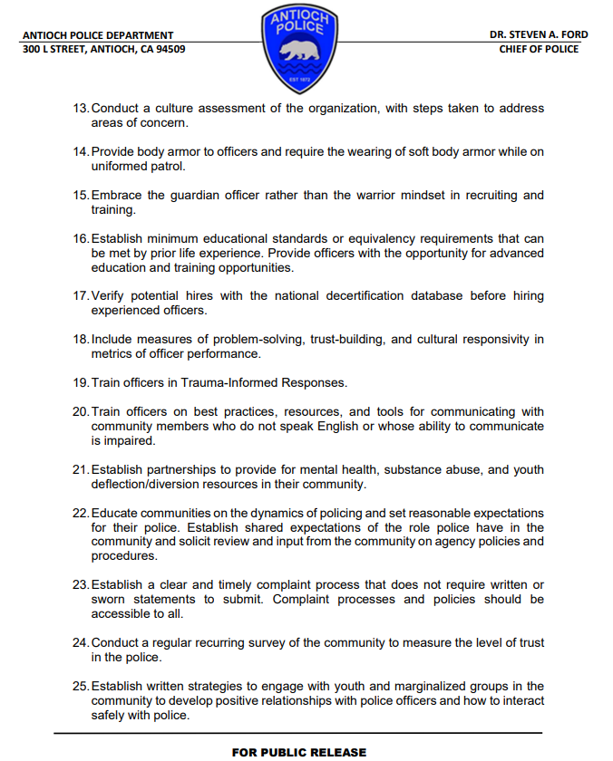 Chief Steven Ford pledges full cooperation with the California Department of Justice and announces APD acceptance into a new trust building initiative with 25 key policies. Please read the attached media release for further details pertaining to both topics.