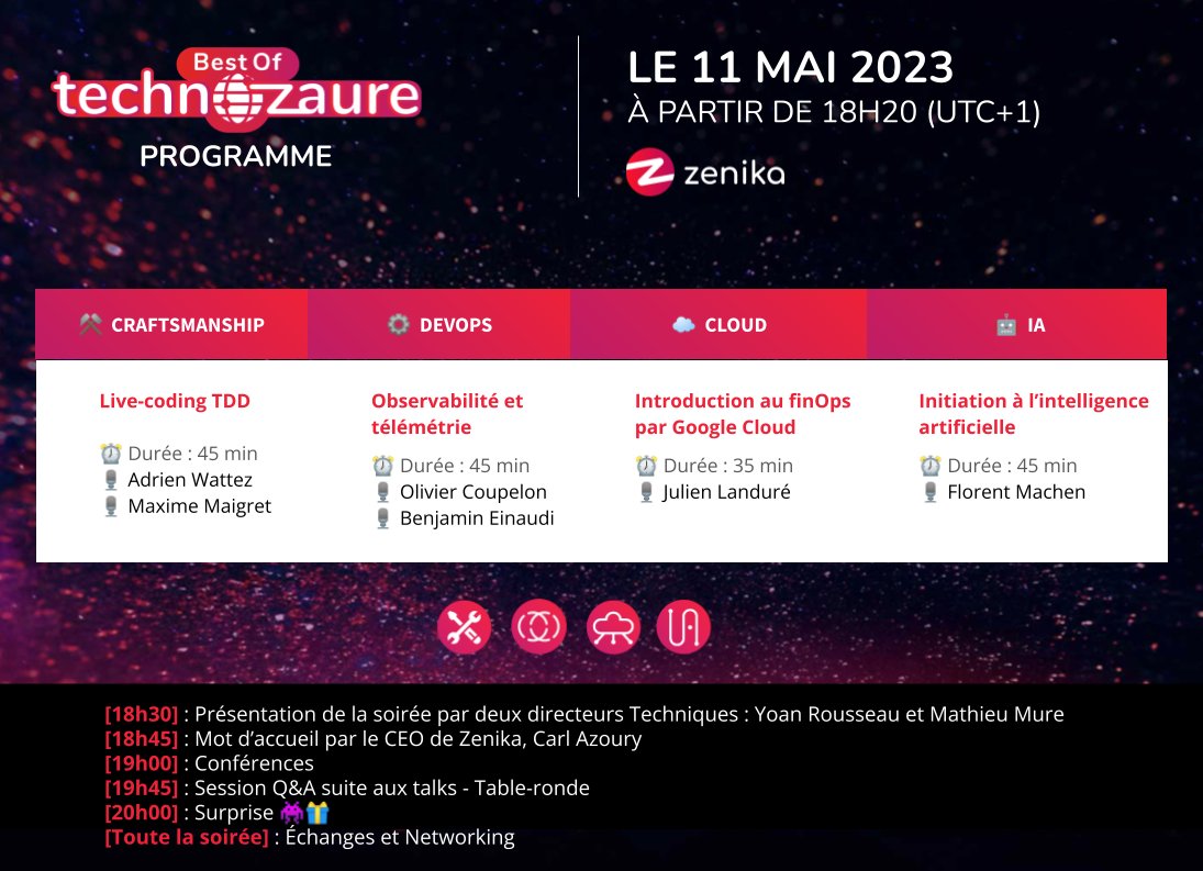 [#BestofTZ] Ça commence, dans 1h ! Avec un joli programme en perspective !
- Live Coding #TDD
- #DevOps : Observabilité et télémétrie
- Introduction au #FinOps avec #GoogleCloud
- Initiation à l'#IA

#zenika #codetheworld <a href="/jlandure/">Julien Landuré</a> <a href="/coupelon/">Olivier Coupelon</a> <a href="/WattezAdrien/">Adrien wattez</a> <a href="/MaximeMaigret/">Maxime Maigret</a>