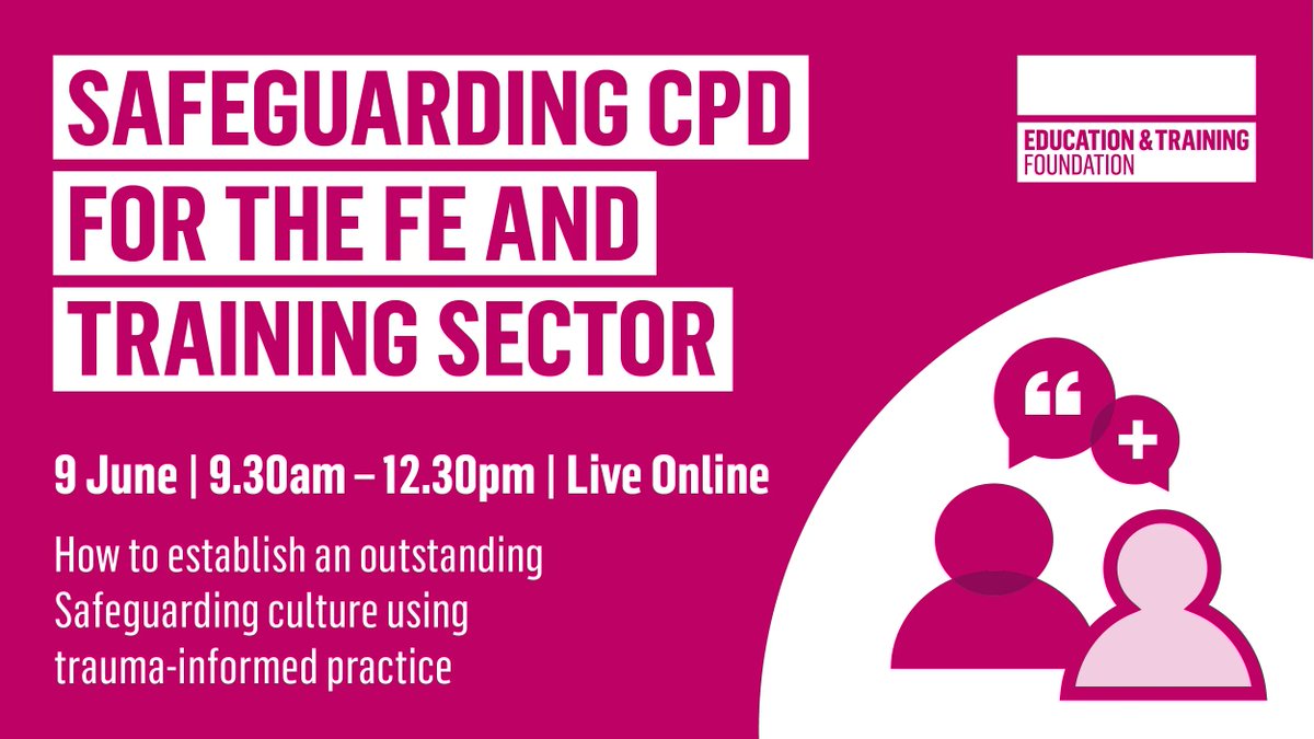 E_T_Foundation's tweet photo. 💥 New and open for booking! 

Developing an outstanding Safeguarding culture based on trauma-informed practice.  

Led by sector expert Polly Harrow, Assistant Principal at Kirklees College.

🗓 9 June
🕤 9:30am – 12:30pm
💻 Live online 

Book now 👉 https://t.co/9pIRnSxPbo https://t.co/2JeOFSKm62