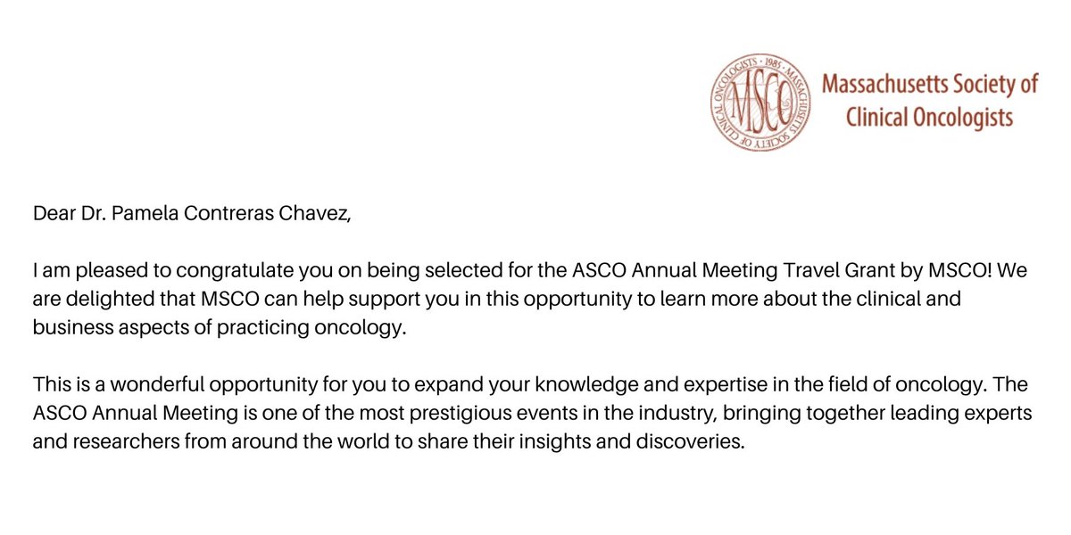 Honored to receive the @ASCO Annual Meeting Travel Grant to attend #ASCO23. Thank you to the Massachusetts Society of Clinical Oncologists (@MassMedical) and mentors 

#MedEd #SurvOnc #GlobOnc #IMG #OncMedEd #HOFellows