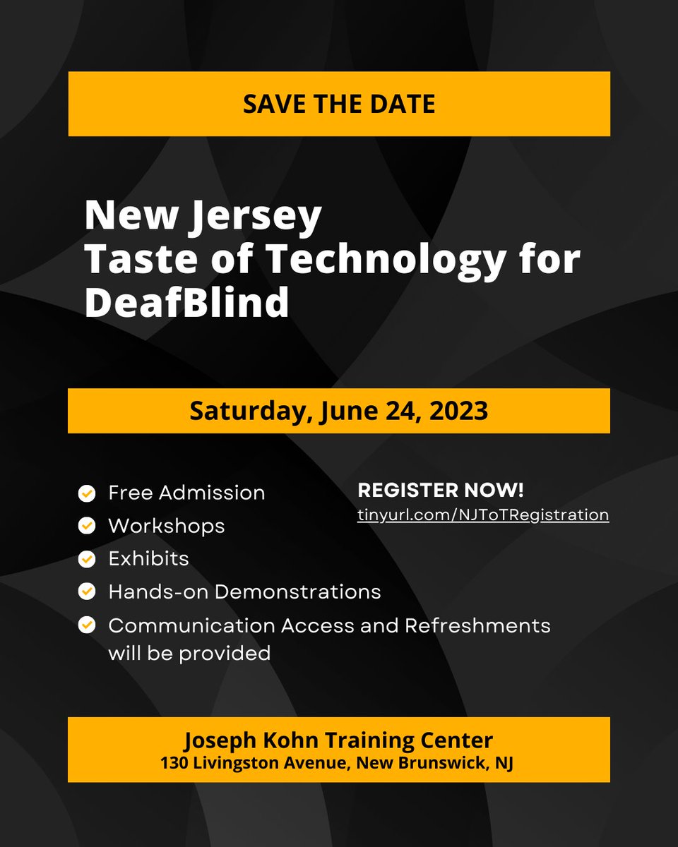 NJRelay's tweet image. Mark your calendars! The New Jersey Taste of Technology for DeafBlind event is coming up! It’s a must-attend for those wanting to learn about new communication technologies for work, home and everyday life. #DeafBlind #TasteOfTechnology #Accessibility #ADA