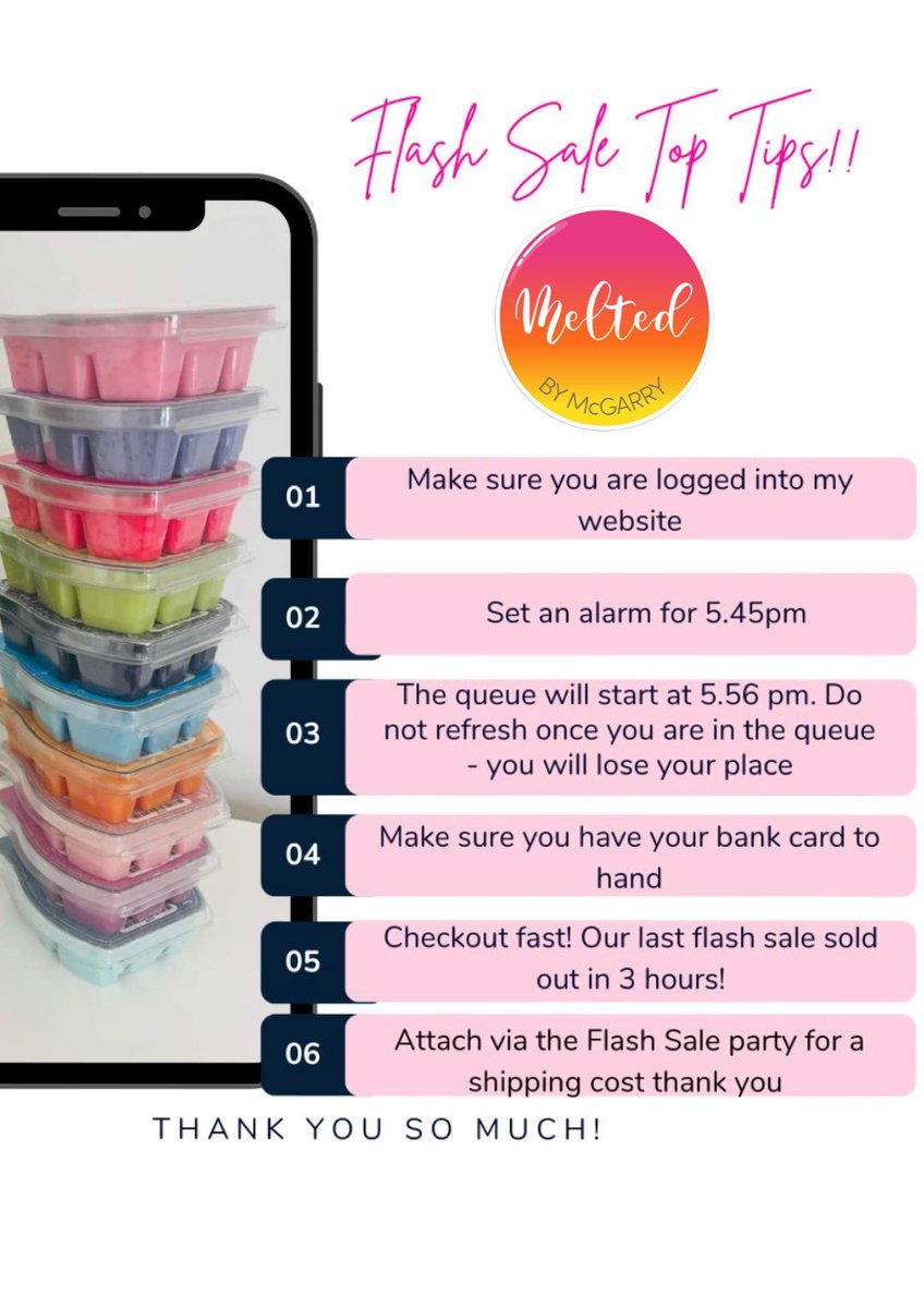 🚨FLASH WAREHOUSE SALE🚨

Tonight 6pm, 24hours only or while stocks last you know the drill ….  FLASH WAREHOUSE SALE 

UP TO 75% OFF selected products

Shop link 👇 (warehouse sale will be under specials) 
meltedbymcgarry.scentsy.co.uk/party/17391056…