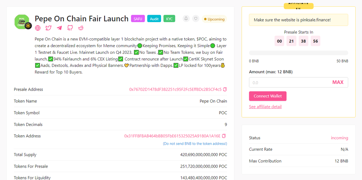 CoinsultAudits's tweet photo. Congrats @pepeonchain with successfully obtaining the Coinsult SAFU badge on #Pinksale 🔒

Pepe on Chain will fair launch on Pinksale Friday, May 12th, 13:00 UTC. 🚀 https://t.co/vyivEgYM0y