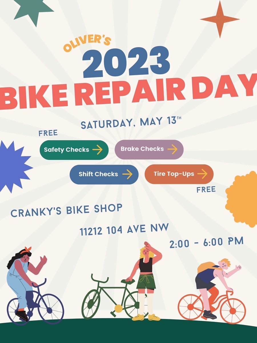 Does your bike need a little 💕TLC💕 for the summer? Drop by Cranky's in Unity Square this Saturday from 2-6 PM for FREE safety checks, brake checks, shift checks, and tire-top ups! #YEG #YEGOliver 🚴‍♂️🚴🚴‍♀️