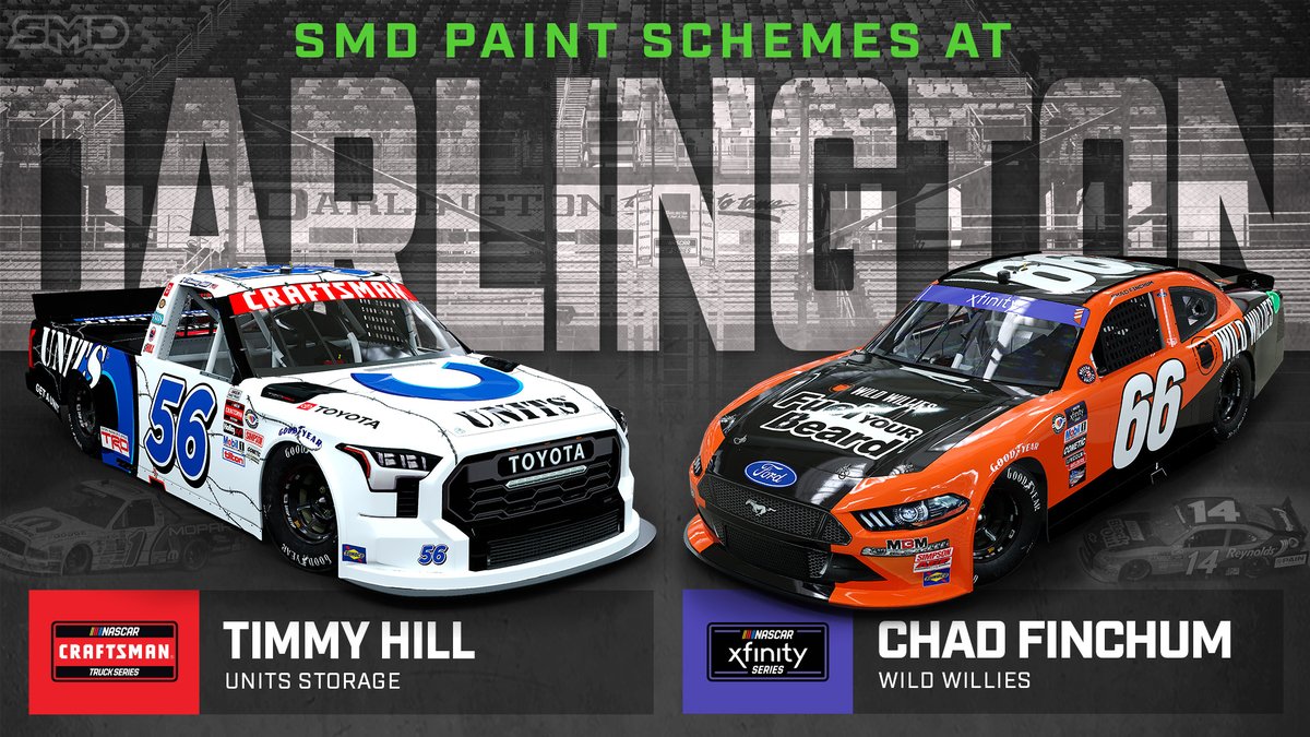 Throwback weekend is almost here! Checkout the SMD paints at @TooToughToTame  this weekend! 🏁

@NASCAR_Xfinity 
66 - @ChadFinchum 
@Wild_Willies  - @MBMMotorsports 

@NASCAR_Trucks 
56 - @TimmyHillRacer 
@UnitsStorage  - @TeamHill56 

#darlingtonthrowback #Paintschemedesign