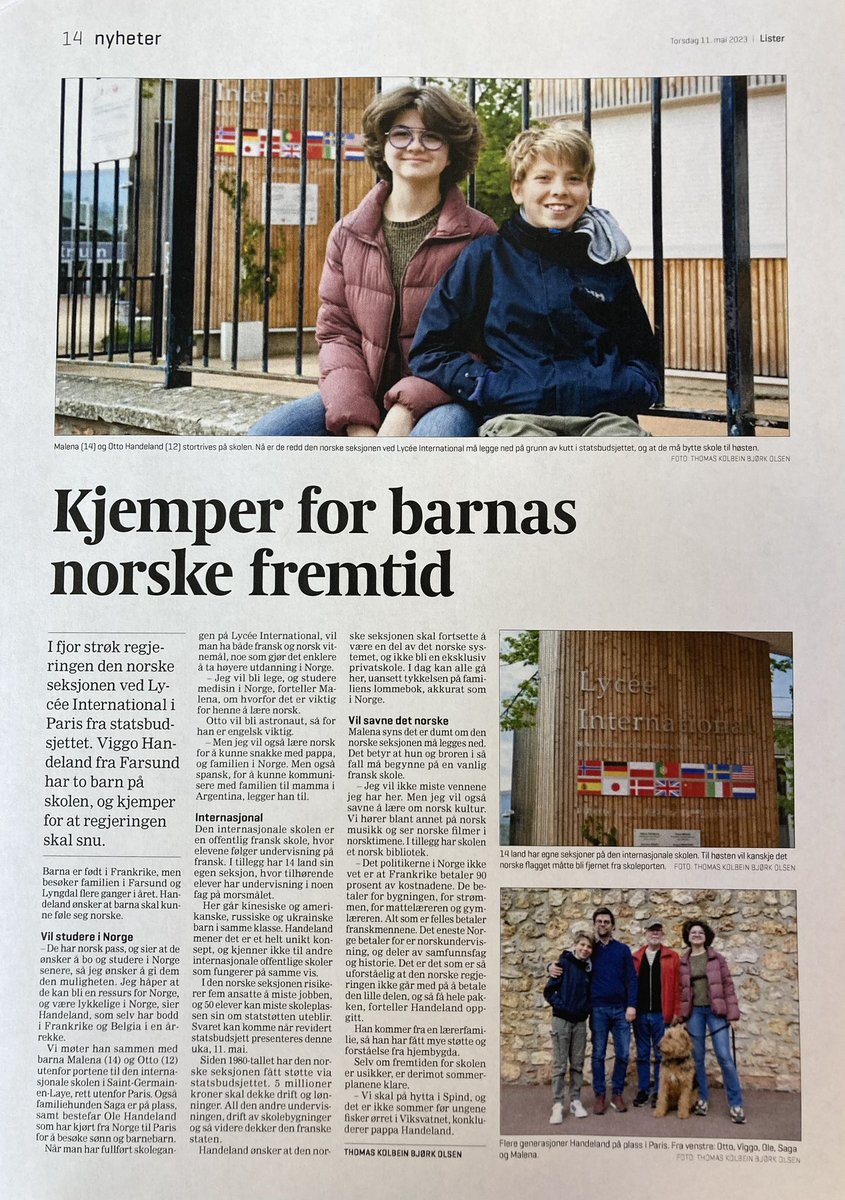 Kjemper for barnas norske fremtid, reportasje i Farsundavisen Lister24 om søskenpar i Norsk Seksjon som nå går en uviss høst i møte. 
Takk til Lister for deres skildring av regjeringens svik mot norske elever i Frankrike. <a href="/Utenriksdept/">Utenriksdepartementet</a> <a href="/Kunnskapsdep/">Kunnskapsdepartement</a> <a href="/AHuitfeldt/">Anniken Huitfeldt</a> <a href="/jonasgahrstore/">Jonas Gahr Støre</a>