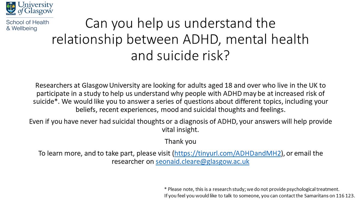 Our online survey into the relationship between ADHD symptoms and mental health is still open. 
Please visit tinyurl.com/ADHDandMH2 for more info &amp; survey.
Please consider taking part in this important research.
Any RTs greatly appreciated. Thanks
<a href="/suicideresearch/">Rory O'Connor</a> <a href="/ADHDUKcharity/">ADHD UK</a>