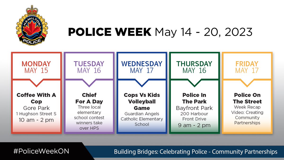 Meg n’ Ryan have been working hard to create a great #PoliceWeekOn for our community. 

Don’t forget Coffee with a Cop on Monday, May 15 at Gore Park. 

“Building Bridges: Celebrating Police - Community Partnerships”