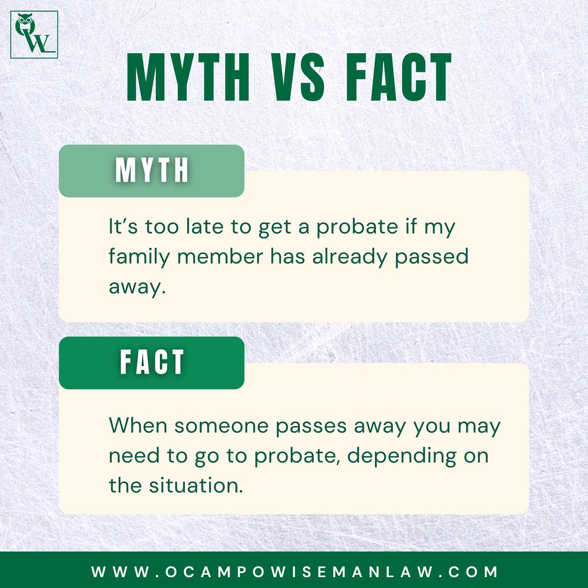 Dispelling the Myth: The Truth About Probate and the Legal Process After a Loved One's Passing. 🔍

Give the office a call at 702-850-7998, or schedule an appointment online at ocampowisemanlaw.com 📞📲