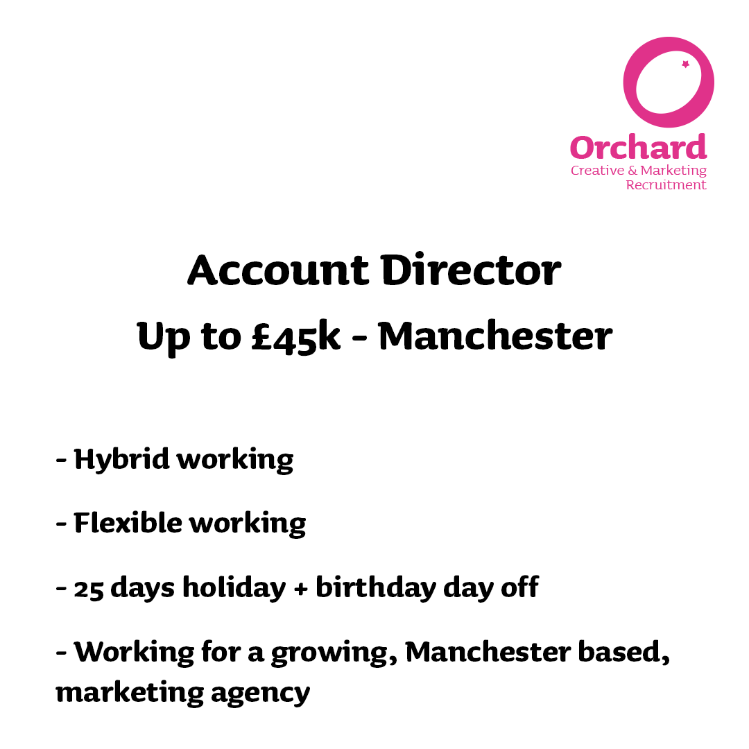 🤩 Account Director 🤩 linktr.ee/orchardmanches… ~ Up to £45k ~ Manchester ✅ Hybrid working ✅ Flexible working ✅ 25 days holiday plus birthday day off For more information, contact Chris Hinchey on 0161 455 0055 ☎️ Or follow the link above to apply! 👆 #hiringnow #jobalert