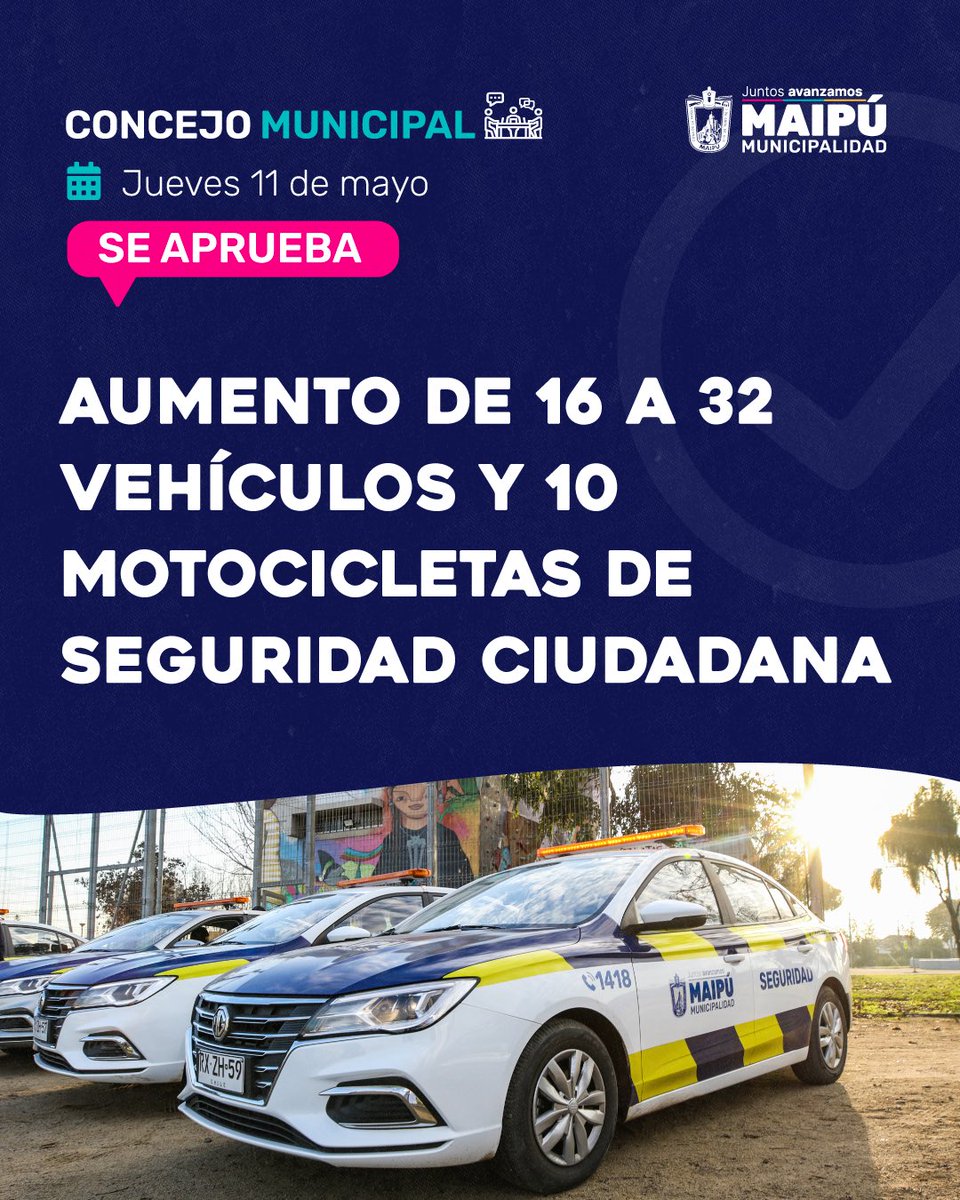 Se aprueba en el #ConcejoMunicipal la duplicación de la flota de vehicular y la llegada de motocicletas de seguridad 👏 Hoy el alcalde <a href="/TomasVodanovic/">Tomás Vodanovic</a> , concejales y concejalas aprobaron la llegada de 16 nuevos vehículos y 10 motocicletas.