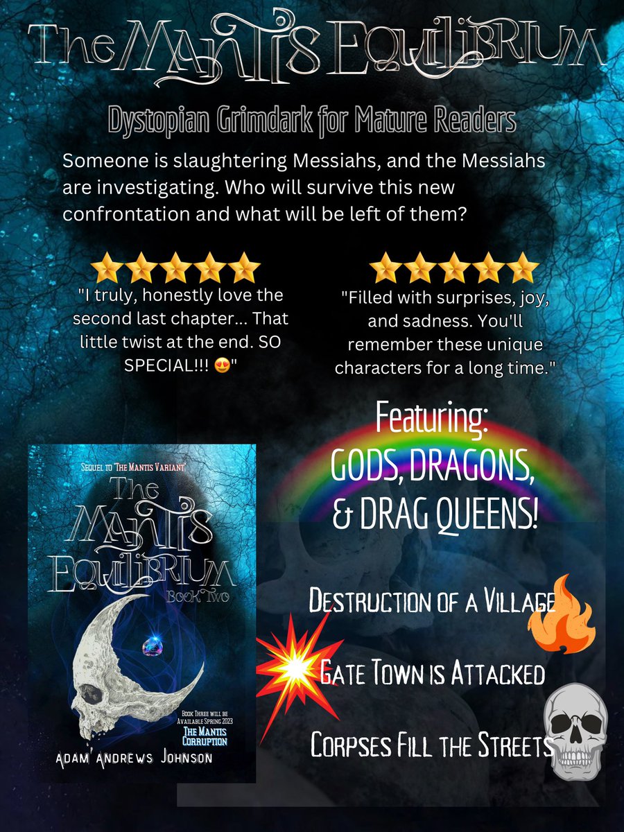 The Mantis Corruption - Book Three is coming out at the end of this month 🥹

The Mantis Variant - Book One a.co/d/hm4ddf7
Gory, killy, adventures! 💀

The Mantis Equilibrium - Book Two a.co/d/jgc1iKR
Gods &amp; Drag Queens! 💃🏻

#grimdark #dystopia #LGBTQ #author
