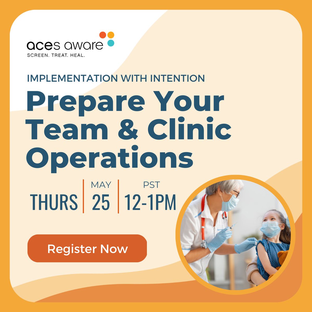 ACEsAware's tweet photo. 📅 Register today for the fifth webinar in the ACEs Aware “Implementation with Intention” series, Prepare Your Team and Clinic Operations. 
 
Thursday, May 25, 12-1 p.m. 
 
Continuing Education credit available. 
Register Now: https://t.co/4o0X9y8NLP https://t.co/pisgEhJvdx