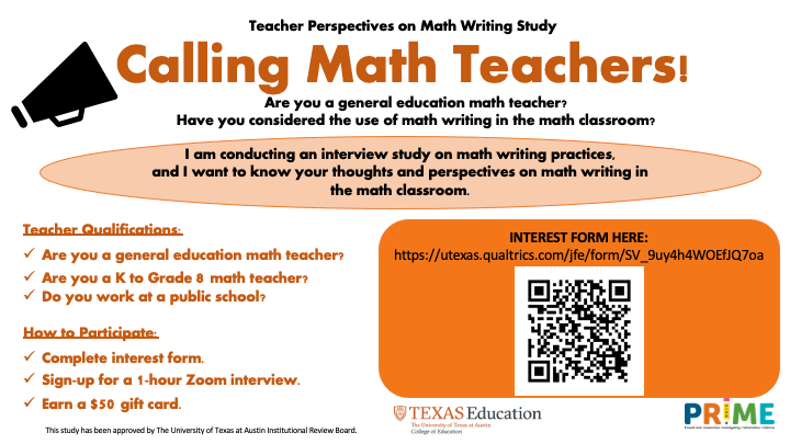 K - 8th grade math teachers - we need your help! You can earn $50 for spending one hour on a Zoom call, sharing your perspective about math writing in the classroom with one of our fabulous researchers. If interested, go to utexas.qualtrics.com/jfe/form/SV_9u…