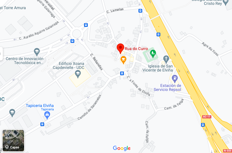 a_corales_'s tweet photo. Se buscades ‘rúa do Curro’ en Google Maps tamén vos leva a Elviña? 
Prometo que foi o meu primeiro enderezo na Coruña, cerca da Casa do Socorro, e non son quen de atopala. Quen me axuda? @echeoqhai @silcerino @eloyTP https://t.co/nwM2IBDhWJ