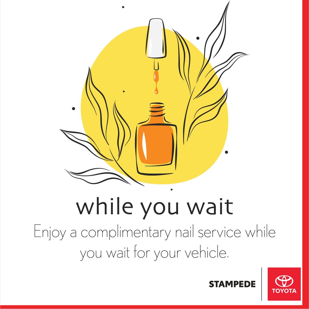 Looking to add a little pampering to your car maintenance routine? Stampede Toyota has got you covered! 🚗💅

While your Toyota Service Technicians take care of your vehicle, our nail technician will take care of you! 💅

#StampedeToyota #NailSalon #ComplimentaryService