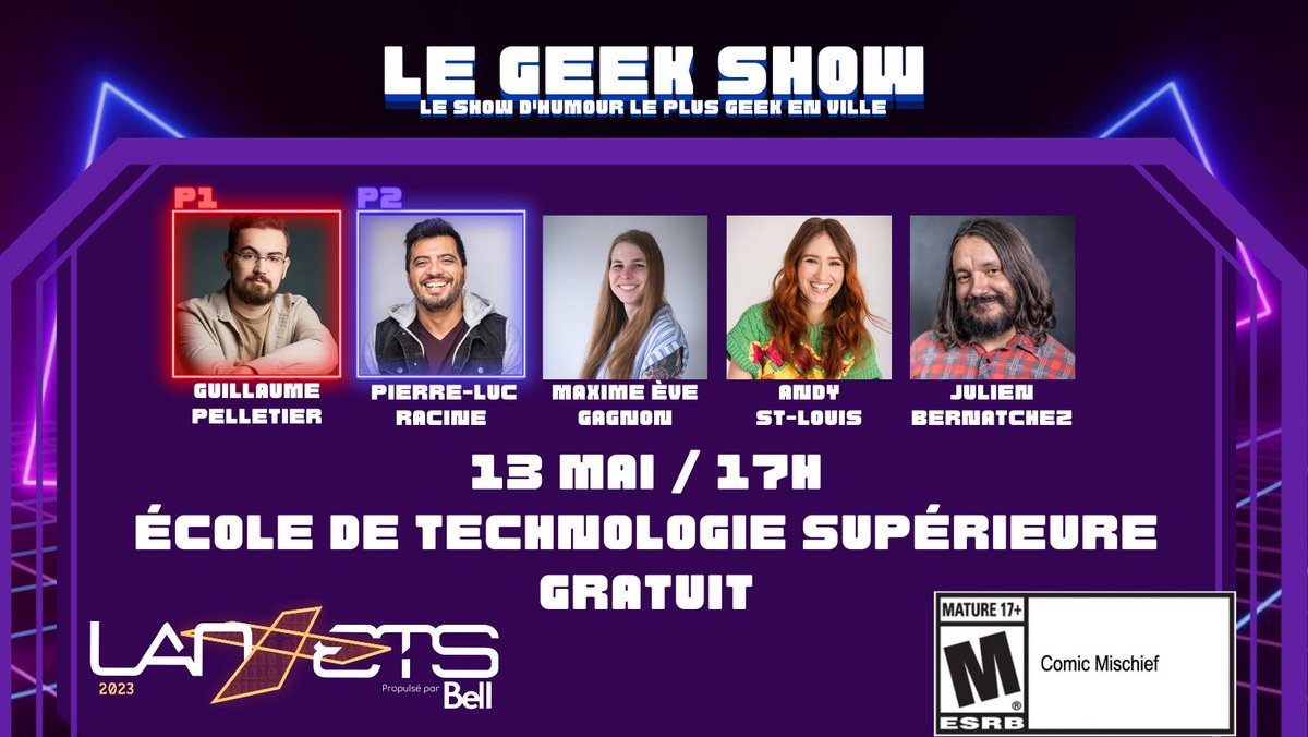 Lan_ETS's tweet photo. Préparez-vous à plonger dans le monde geek et à rire à gorge déployée lors de l'ultime spectacle comique ! Rejoignez-nous ce samedi à 17h pour Geek Show, l'événement comique hilarant du Lan ETS 2023 ! 🤩🎭
#LanETS2023 #HumorShow #GeekShow #StandUpComedy #gaming #esports https://t.co/vih27GxauB
