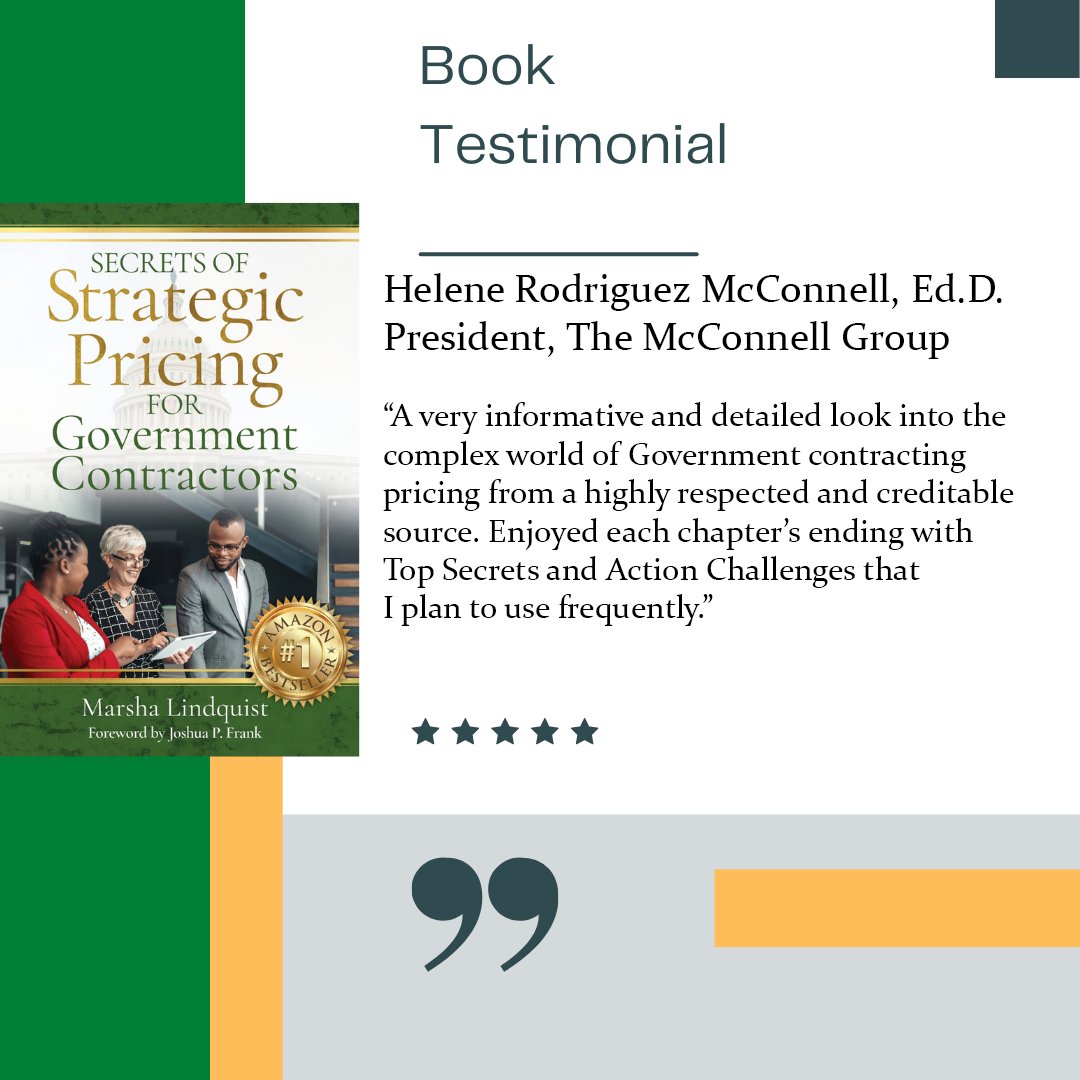MarshaGovCon's tweet photo. Ms. McConnell., President of The McConnell Group says Secrets of Strategic Pricing for Government Contractors is “An informative &amp; detailed look into complex world of Government contracting pricing from a highly respected &amp; creditable source.” 
#StrategicPricing #GovCon #Pricing https://t.co/vipiYoO1Vn