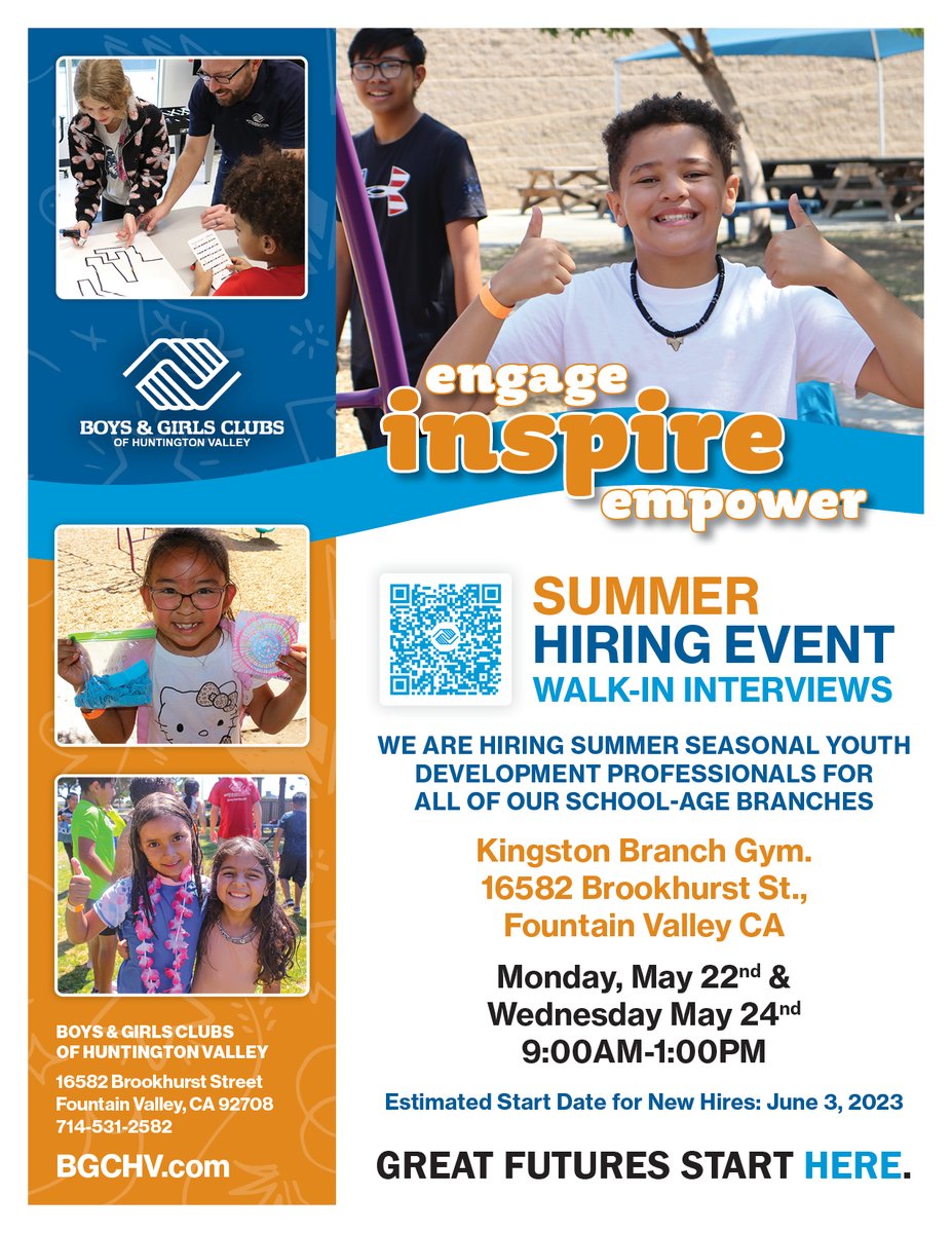 Don't miss our summer hiring event on May 22nd and May 24th. We're looking for seasonal Youth Development Professionals. If you'd like to spend the summer working with the great kids at our Clubs, come see us!
#summerjobs #hiring #fountainvalley #huntingtonbeach #boysandgirlsclub
