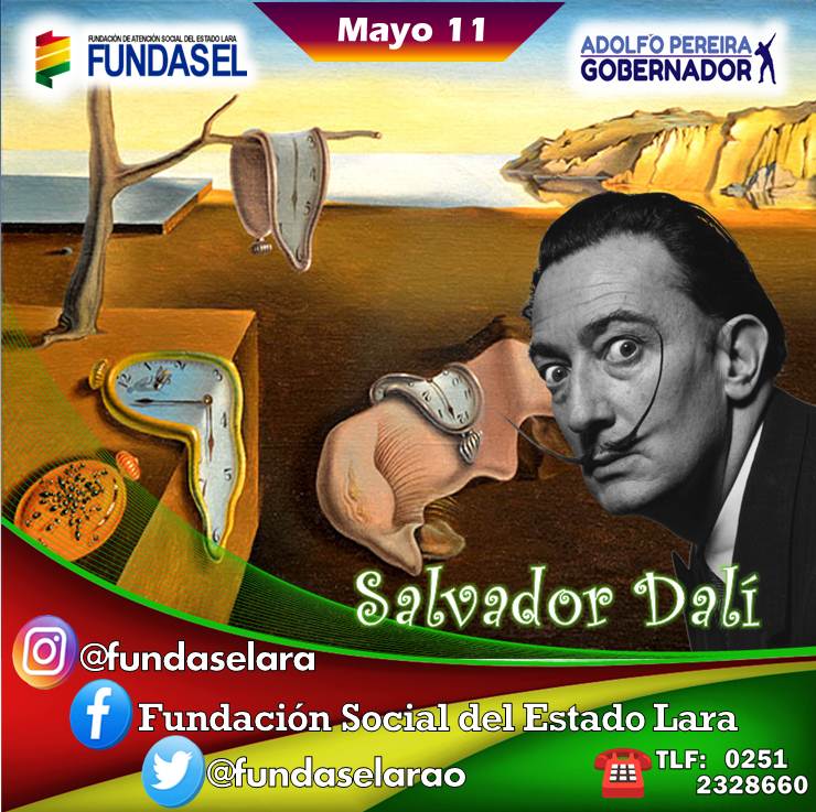 #11May Salvador Felipe Jacinto Dalí i Domènech, marqués de Dalí de Púbol, fue un pintor, escultor, grabador, escenógrafo y escritor español del siglo XX. 

#PuebloMasMaduro

@AdolfoP_Oficial
@gobiernodelara
@Dsociallara01

#artistaplastico #surrealismo