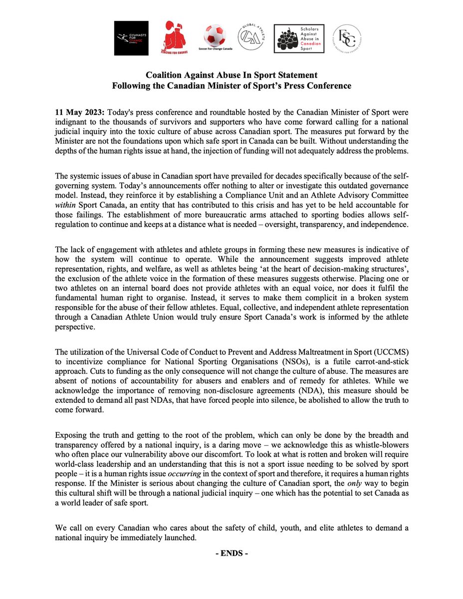 Global Athlete (@globalathletehq) on Twitter photo The Canadian Minister of Sport <a href="/PascaleStOnge_/">Pascale St-Onge</a> just announced safe sport measures that fail to address the human rights crisis occurring in Canadian sport and once agains has ignored the athlete voice.
Full statement via bit.ly/3MguivN The Canadian Minister of Sport <a href="/PascaleStOnge_/">Pascale St-Onge</a> just announced safe sport measures that fail to address the human rights crisis occurring in Canadian sport and once agains has ignored the athlete voice.
Full statement via bit.ly/3MguivN