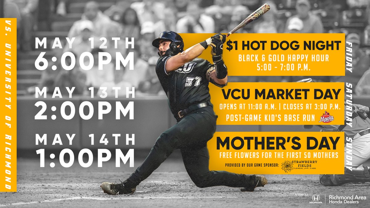 VCU Baseball (@vcubaseball) on Twitter photo We've saved the best for last for this weekend's <a href="/atlantic10/">Atlantic 10 Conference</a> series presented by your Richmond Area Honda Dealers!
Check out the promotional schedule for this weekend and see 🫵 at the 💎!!
#LetsGoVCU We've saved the best for last for this weekend's <a href="/atlantic10/">Atlantic 10 Conference</a> series presented by your Richmond Area Honda Dealers!
Check out the promotional schedule for this weekend and see 🫵 at the 💎!!
#LetsGoVCU
