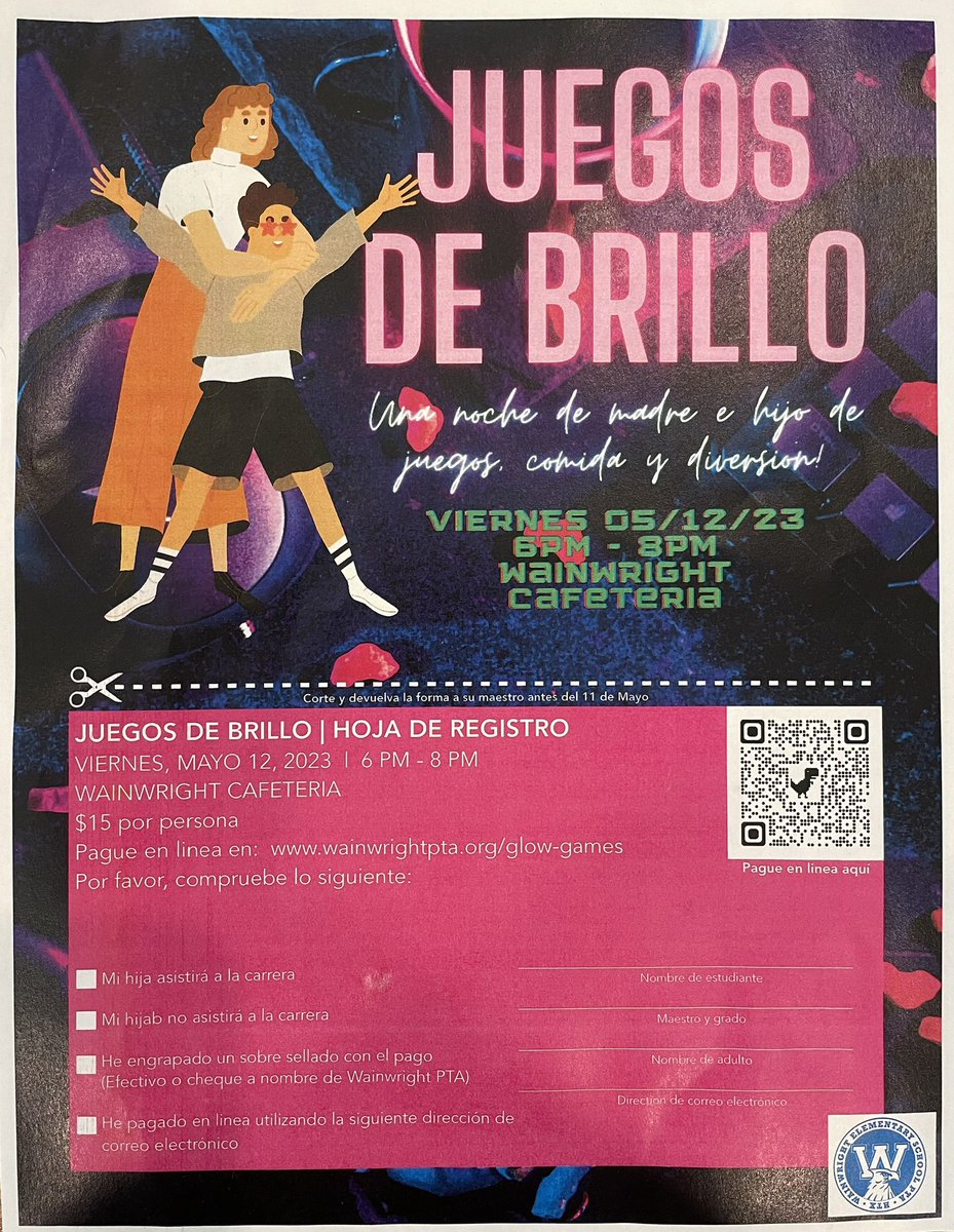 ✨JUEGOS DE BRILLO✨
¡Una noche de madre e hijo de juegos, comida y diversión!

Viernes, 5/12/23 de 6 a 8 p. m. en la cafetería de Wainwright

$15 por persona
Pague en línea en: wainwrightpta.org/glow-games