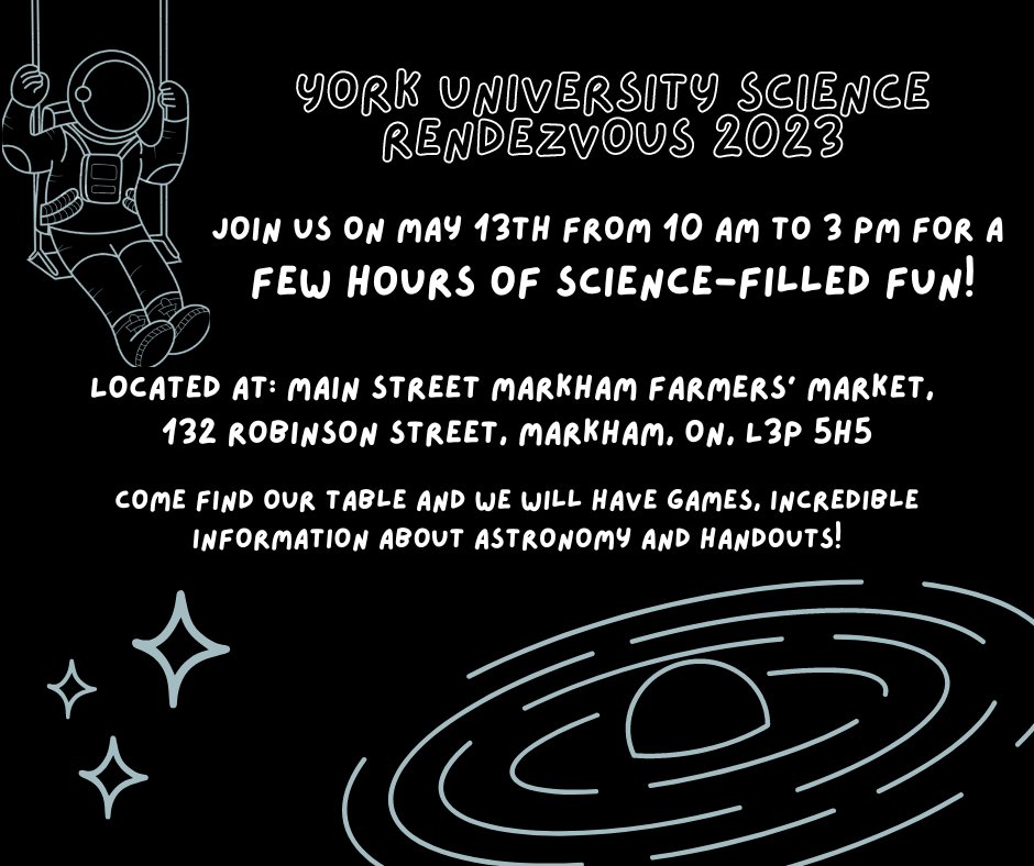 We will be part of the Science Rendezvous at Main Street Markham Farmers Market, 132 Robinson Street, Markham ON

The event will go from 10 am to 3 pm on May 13th 🕙

Come find our table and we will have games, incredible information about astronomy and handouts!🔭✨