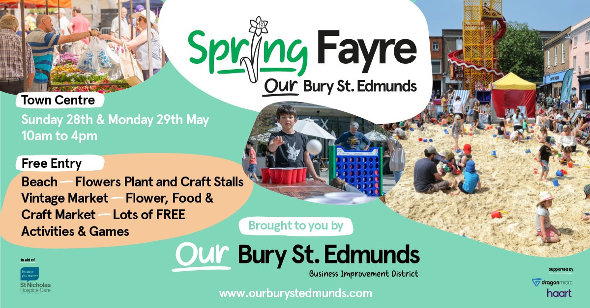 BuryStEdBeyond's tweet photo. The FREE @ourburysteds Spring Fayre is back on Sunday 28 and Bank Holiday Monday 29 May with the ever-popular urban beach returning, plus a series of virtual reality games, flower, food and craft stalls, and other traditional attractions...

https://t.co/sB0u2v2lgh #BuryStEdmunds https://t.co/vYqcyG82HU