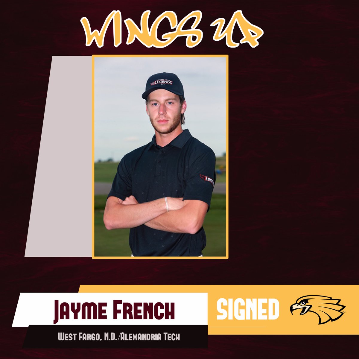 UMNCrookstonATH's tweet photo. We are excited to announce the signing of Jayme French (West Fargo, N.D./Alexandria Technical and Community College) to continue his career with @CrookstonMgolf 

Welcome to Golden Eagle Nation

#WingsUp https://t.co/eVuB1ZMp29