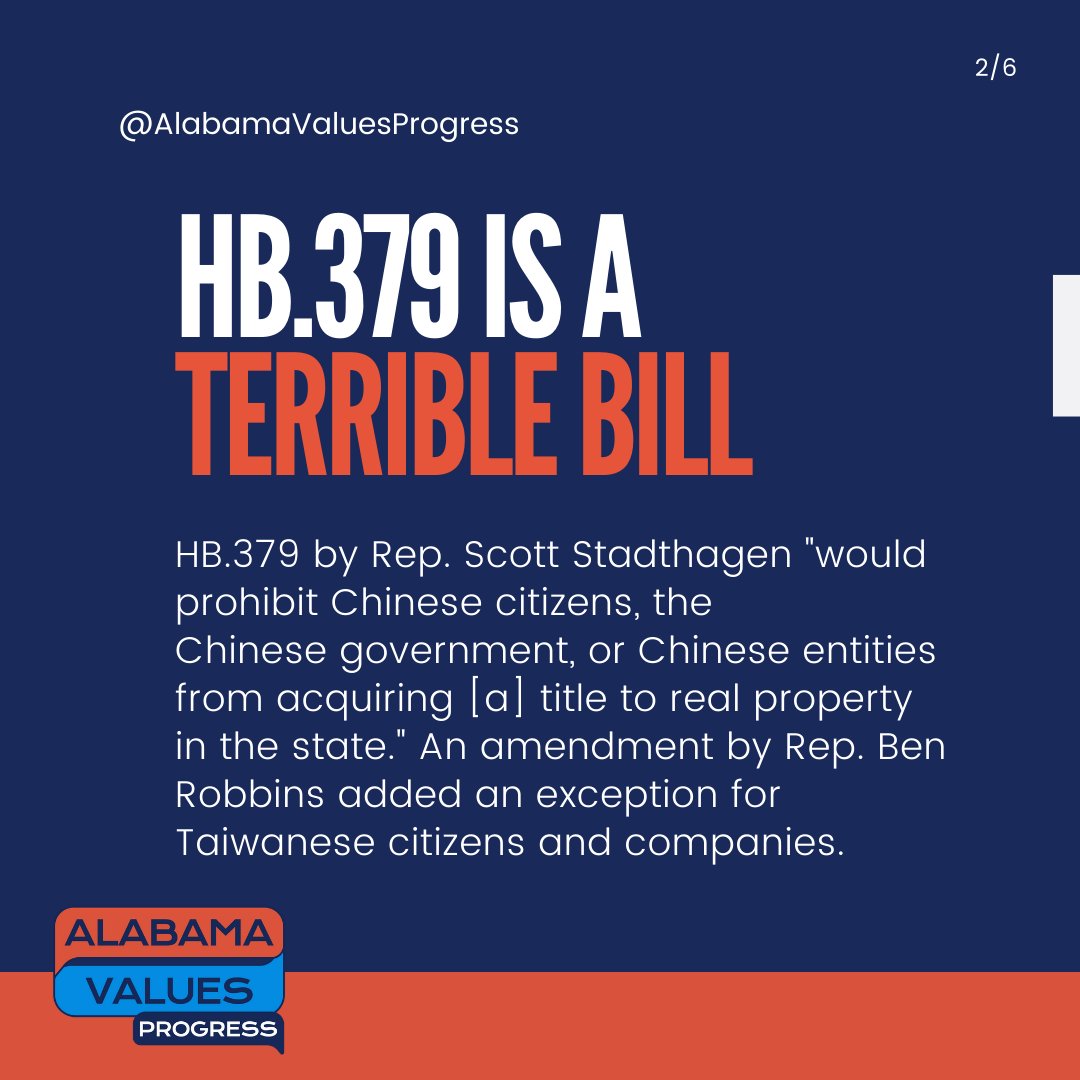 HB379 by Rep Scott Stadthagen would prohibit Chinese citizens from owning property in AL. You might think this xenophobic legislation is something out of the distant past, but Alien Land Acts have been on the books right up til 2018 #alpolitics #Justice #Equity #AlienLandAct