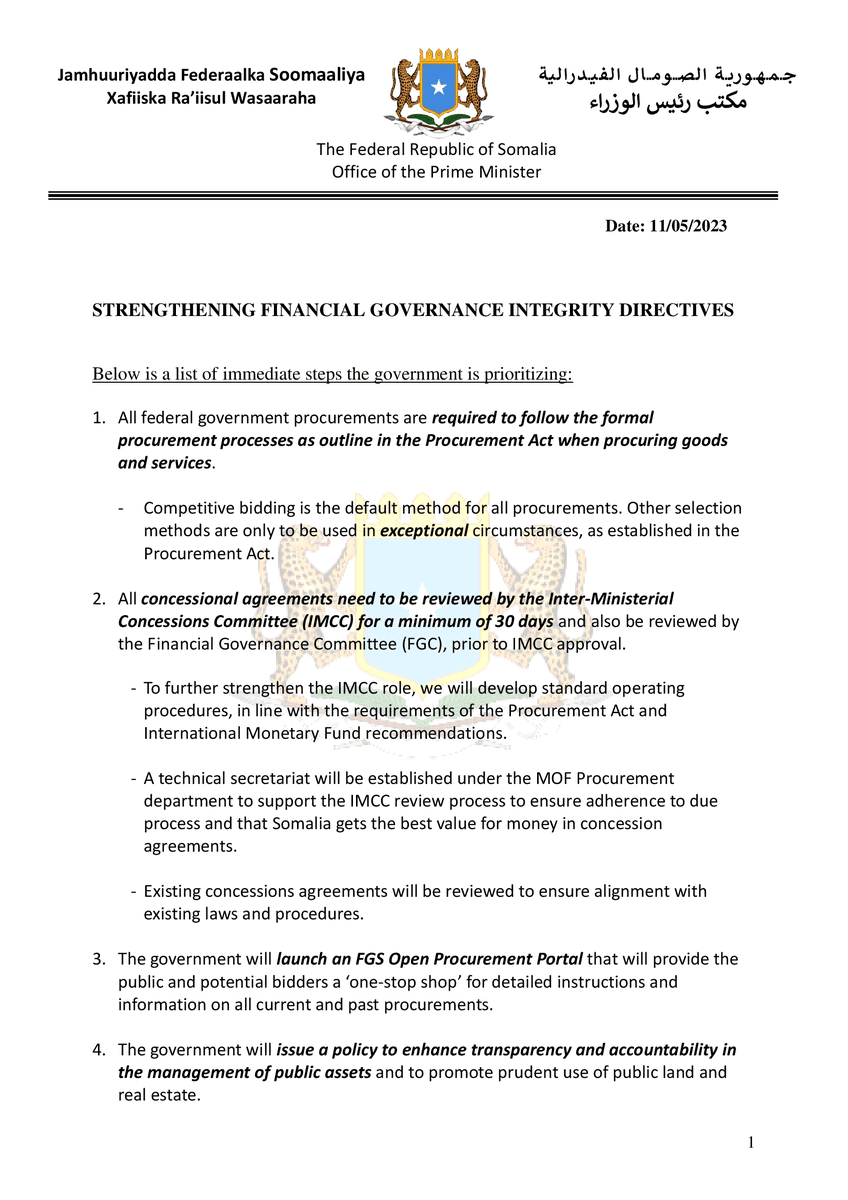 SomaliPM's tweet photo. Today, the Cabinet issued a strong message in the fight against corruption. Directives aim to enhance public financial management, foster meritocracy &amp; ensure accountability. The Govt. is committed to upholding ethical standards at all levels of governance for a better #Somalia👇🏾 https://t.co/4l07Bx2NCA