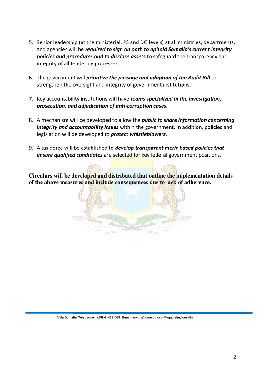 SomaliPM's tweet photo. Today, the Cabinet issued a strong message in the fight against corruption. Directives aim to enhance public financial management, foster meritocracy &amp; ensure accountability. The Govt. is committed to upholding ethical standards at all levels of governance for a better #Somalia👇🏾 https://t.co/4l07Bx2NCA