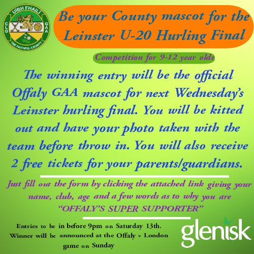Competition time: <a href="/Offaly_GAA/">Official Offaly GAA</a> are having a competition for 9-12 year olds to become the official Offaly mascot in next Wednesday's U-20 Leinster hurling final in Carlow.

The winner will be kitted out for the occasion, have their photograph taken in the pre-match team photo and