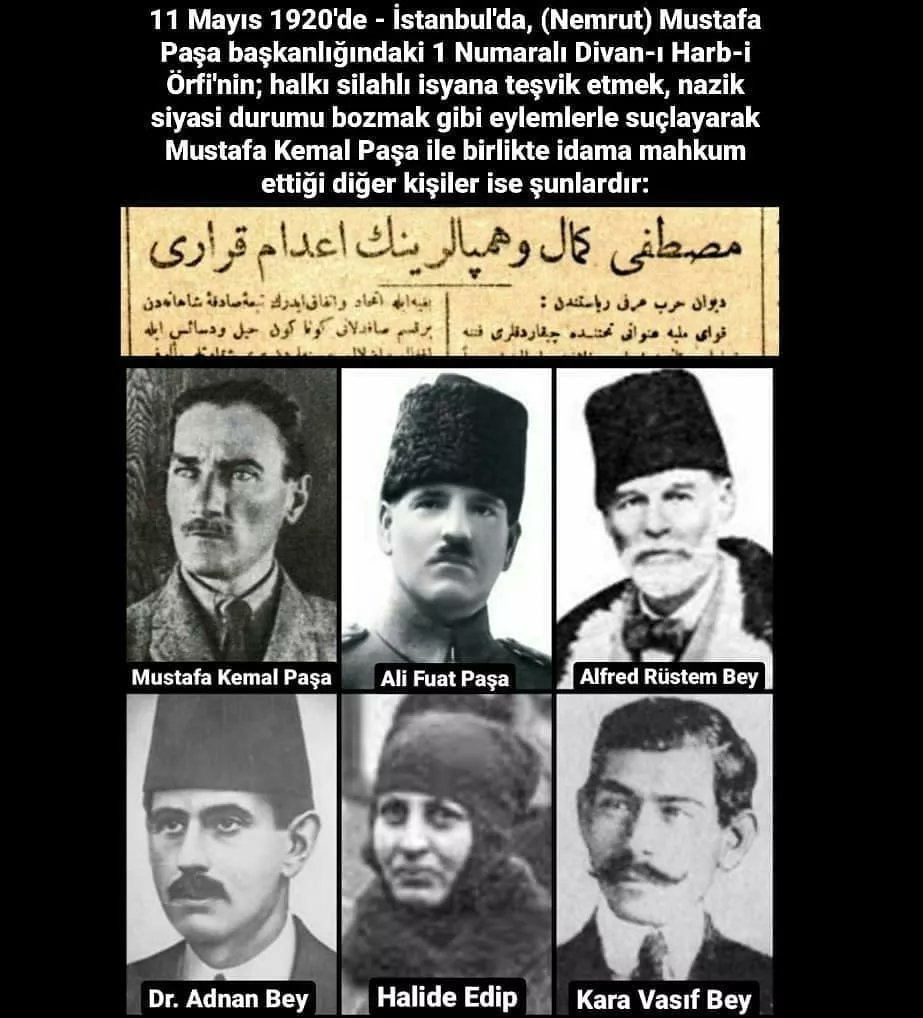 alican06berber's tweet photo. Mustafa Kemal Paşa ile birlikte idama mahkum ettiği diğer kişiler ise şunlardır: #AliFuatPaşa, #AlfredRüstem Bey, #KaraVasıf Bey, #DoktorAdnan Bey ve eşi #HalideEdib Hanım'dır.
++ https://t.co/A7Cbqhpm5H