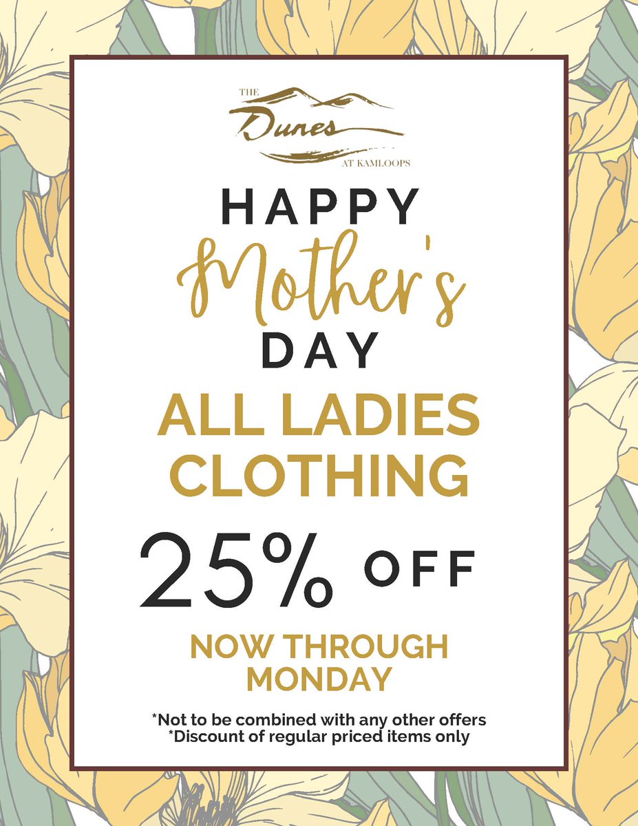 We are celebrating Mother's Day weekend with 25% off all ladies clothing! Swing by the Pro Shop today! 🏌️‍♀️⛳🌻

The Dunes at Kamloops
652 Dunes Dr, Kamloops, BC V2B 8M8, Canada