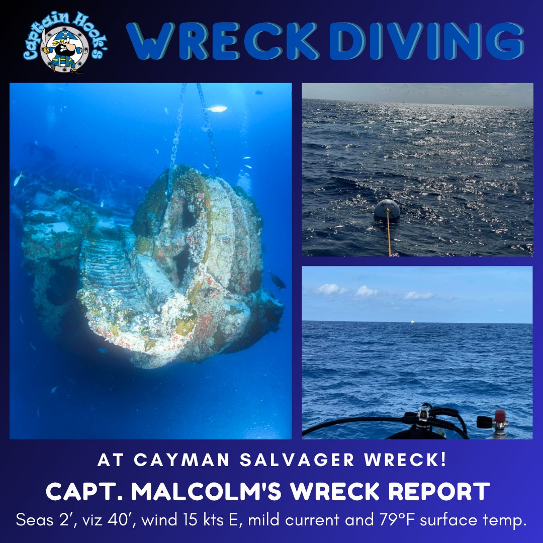 capthook's tweet image. Dive into the mysteries of this wreck! Get a close-up look into the remains of the Cayman Salvager and the secrets it holds. 🤔 📸  We are diving on it today; enjoy the view; here are the conditions!
An Instructor Henry photo!
#CaymanSalvager #SeaExploration #CaptHooksWreckDiving