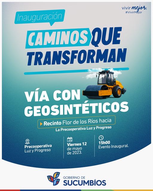 GobSucumbios's tweet photo. Invitamos  a la inauguración de vía con geosintéticos en el recinto Flor de los  Ríos hacia precooperativa Luz y Progreso parroquia General Farfán cantón  Lago Agrio. 

#AmadoChávezPrefecto
#ResponsabilidadYcompromiso
#VivirMejor https://t.co/xoRuWZNI5S