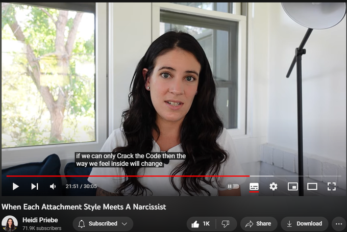 When Each Attachment Style Meets A Narcissist
Heidi Priebe
https://www.youtube.com/watch?v=G5EIUFsQ758
see your emotion at the mercy of other people actions.
What would more secure person do if they were encountering narcissistic individual.
You might be looking at narcissism through a very different lens than someone who has more secure patterning would look at it. Realize large part of what might keeping you stuck might be your own attachment system.
Anxiously attached: there is negative view of self, positive view of others. Susceptible to what narcissist is telling them during love bombing phase. Tend to self regulate through fantasy. Fantasy of being seen and chosen.
Someone with secure attachment style operates with the world view: I'm ok, you're ok. Comfortable with getting to know someone slowly, in process to get know someone in honest and authentic way. Love bombing will feel insincere.
Those with more anxious patterning caught up in trying to learn everyth