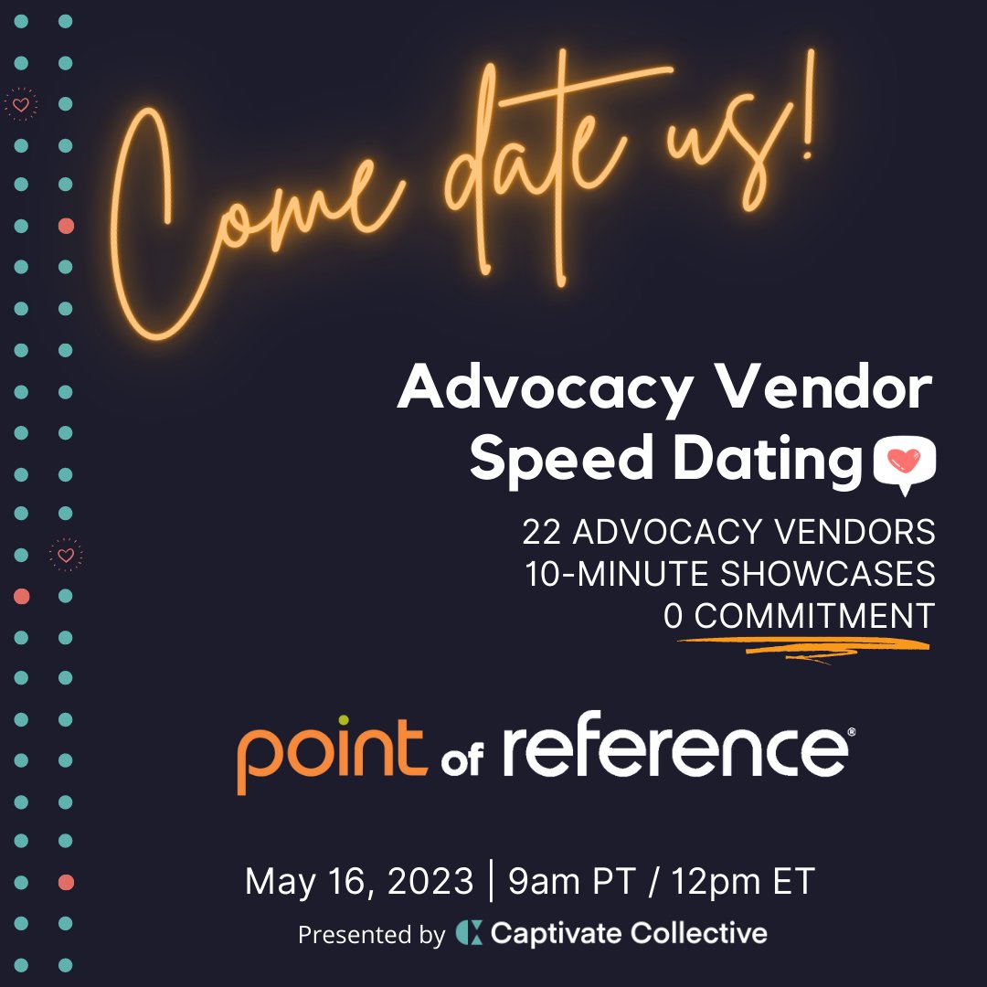 Excited to participate in this year’s virtual speed dating event. Thanks Liz Richardson, <a href="/elisiacarr/">Elisia Carr</a>, <a href="/DeenaZenyk/">Deena Zenyk</a>, and the rest of the crew at Captivate Collective for this great event.
bit.ly/3Aa54cG
#Customermarketing #customeradvocacy #customerledgrowth