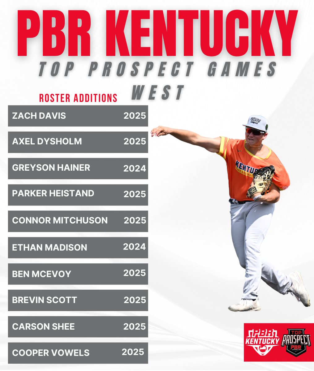 We welcome the following players to the Top Prospect Games WEST hosted by <a href="/WKU_Baseball/">WKU Baseball</a> 
 on June 27!

As is the case with the East event, this event is filling quickly and is also LOADED with uncommitted talent! <a href="/cfulii/">Chris Fuller</a> @jamietessoff <a href="/BlakePerry_34/">Blake Perry</a> @cmart_37 <a href="/JBaioni/">Jeremy Baioni</a>